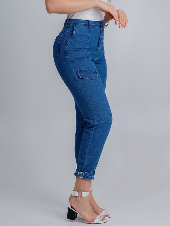 Calça Feminina Jeans Slouchy Reta Bolso Cargo